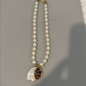 Pearl Bead Necklace with White and Dark Brown Enamel Leaf Pendant